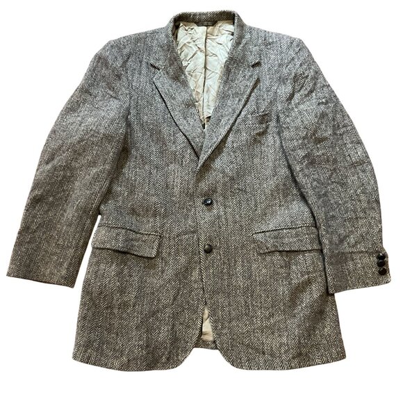 Vintage Roos Bros Harris Tweed Gray Herringbone Sport Coat Blazer Mens 42L Scott - Picture 1 of 5
